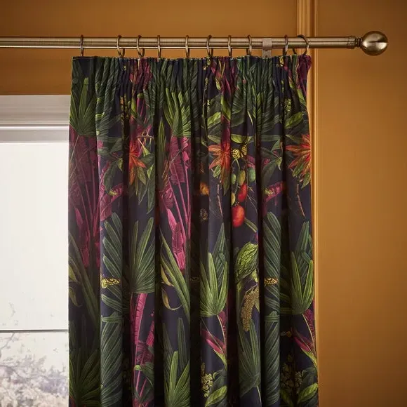 Pencil Pleat Curtains with Tropical Print - Navy