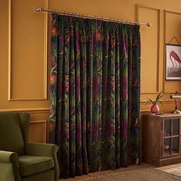 Pencil Pleat Curtains with Tropical Print - Navy