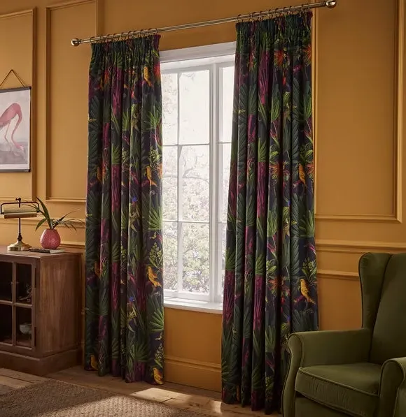 Pencil Pleat Curtains with Tropical Print - Navy