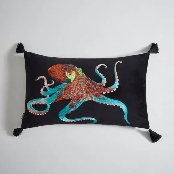 Rectangular Octopus Cushion - Black, Velour