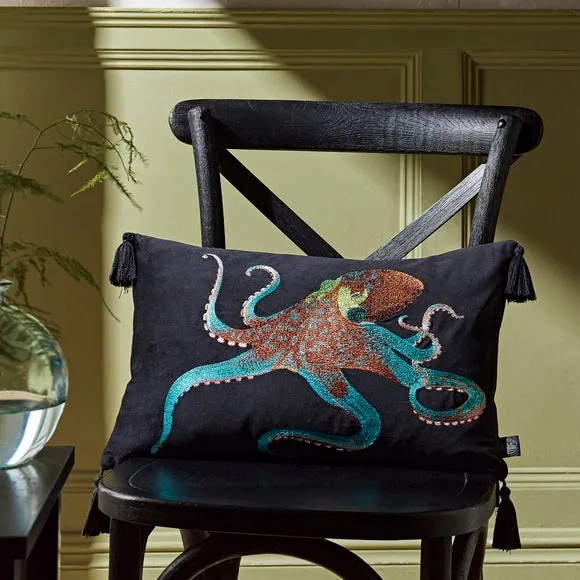Rectangular Octopus Cushion - Black, Velour