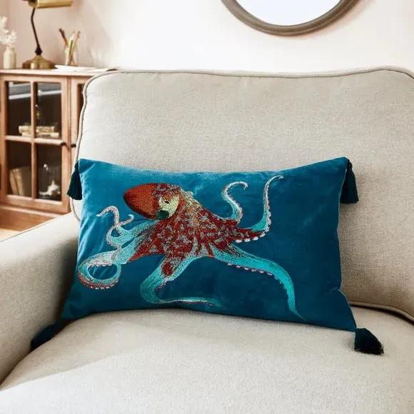 Rectangular Octopus Cushion - Teal, Velour