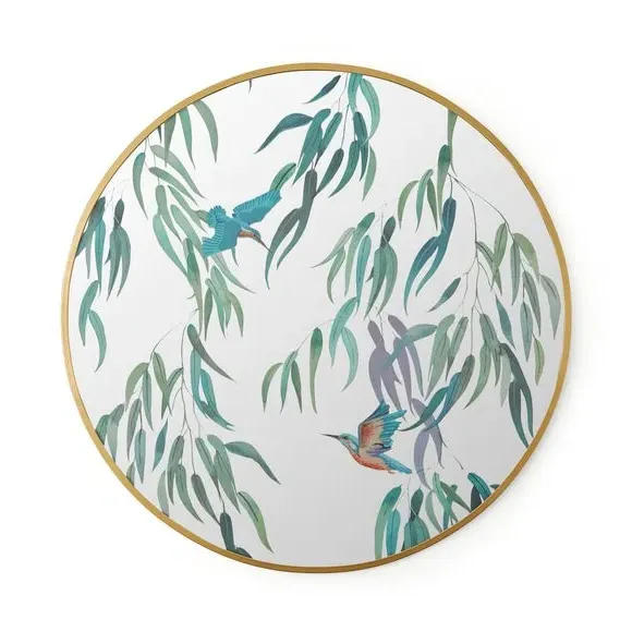 Round Mirrored Wall Art - Gold, Kingfisher