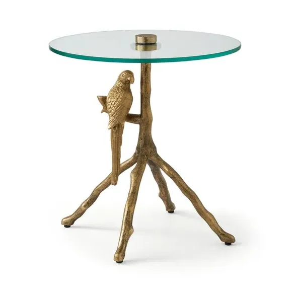 Round Side Table with Parrot Design - Gold, Aluminium