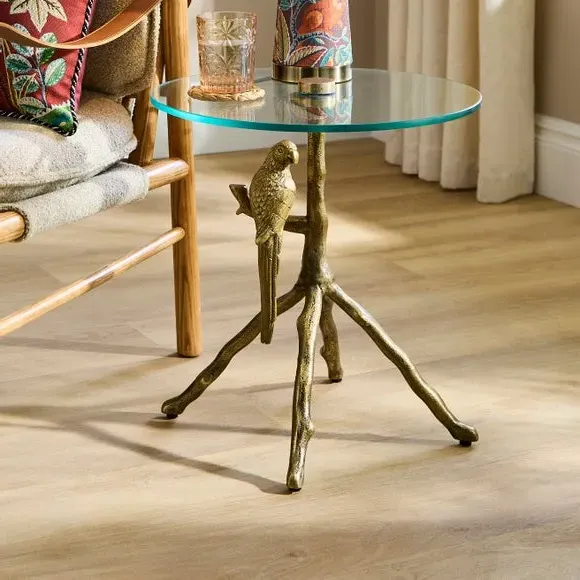 Round Side Table with Parrot Design - Gold, Aluminium
