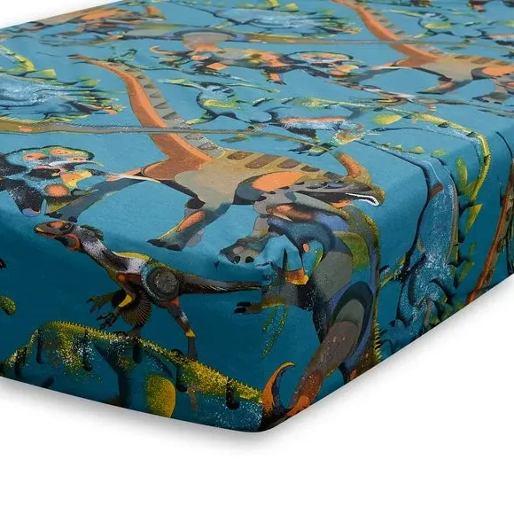Single Fitted Sheet Dinosaur Print - Blue, Cotton