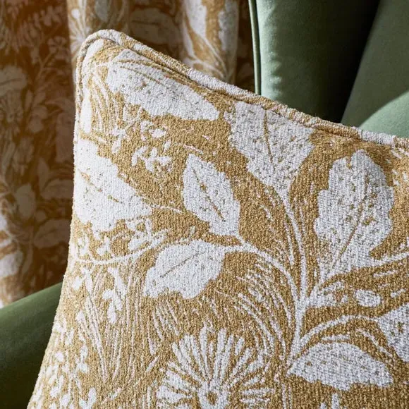 Square Cushion with Bird Print - Ochre, Fabric