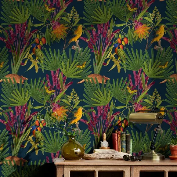 Tropical Treasures Wallpaper - Navy, Matte