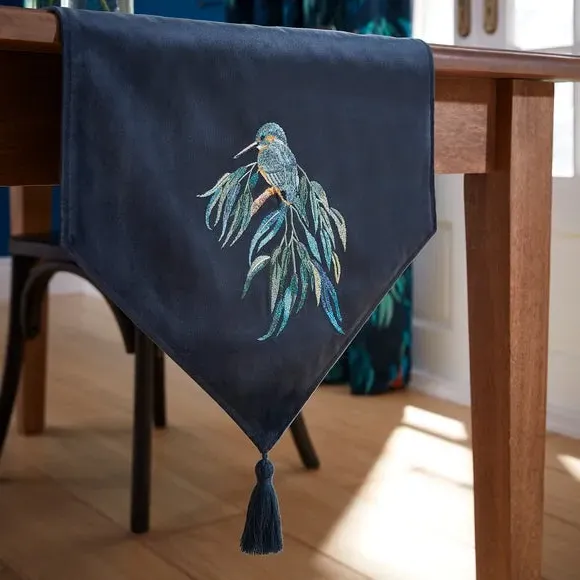V-Shaped Table Runner with Tassels - Navy, Velour