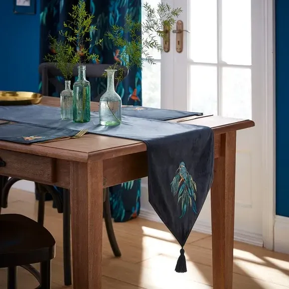 V-Shaped Table Runner with Tassels - Navy, Velour image