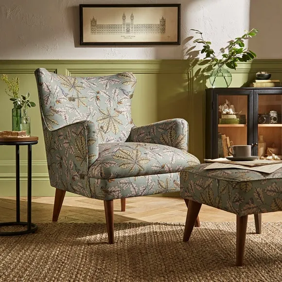 Wing Chair with Show-Wood Legs - Arboretum Print