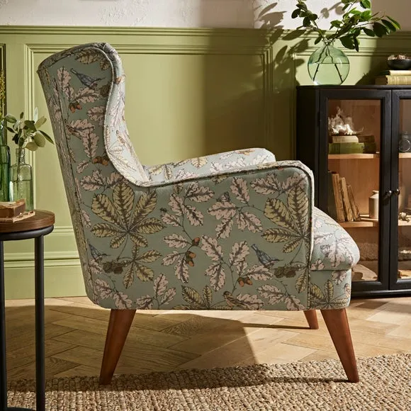 Wing Chair with Show-Wood Legs - Arboretum Print