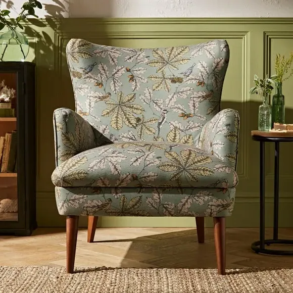 Wing Chair with Show-Wood Legs - Arboretum Print