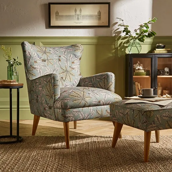 Wing Chair with Show-Wood Legs - Arboretum Print