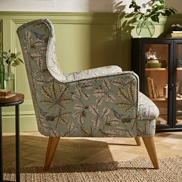 Wing Chair with Show-Wood Legs - Arboretum Print