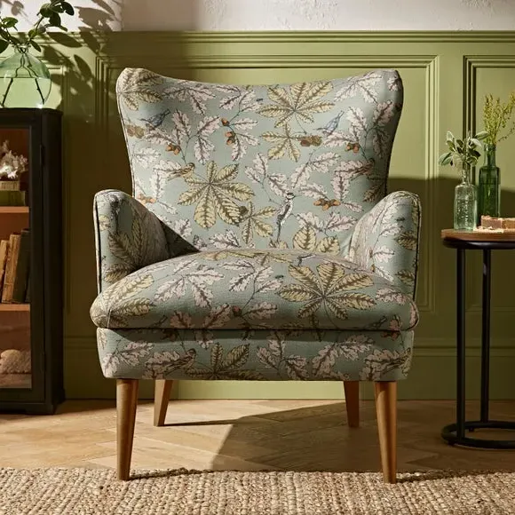 Wing Chair with Show-Wood Legs - Arboretum Print