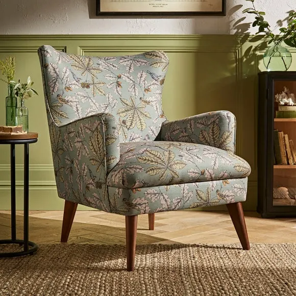 Wing Chair with Show-Wood Legs - Arboretum Print