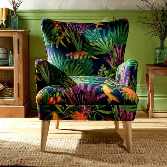 Wing Chair with Tuxedo Arms - Tropical Print