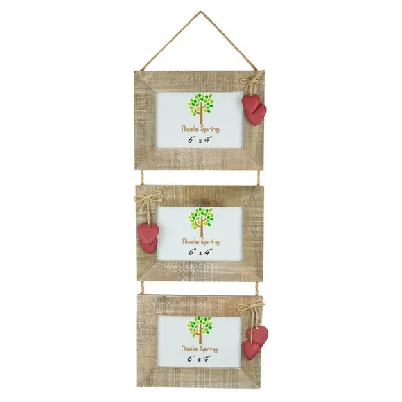Triple Hanging Photo Frame with Hearts - Light Wood
