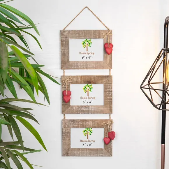 Triple Hanging Photo Frame with Hearts - Light Wood image