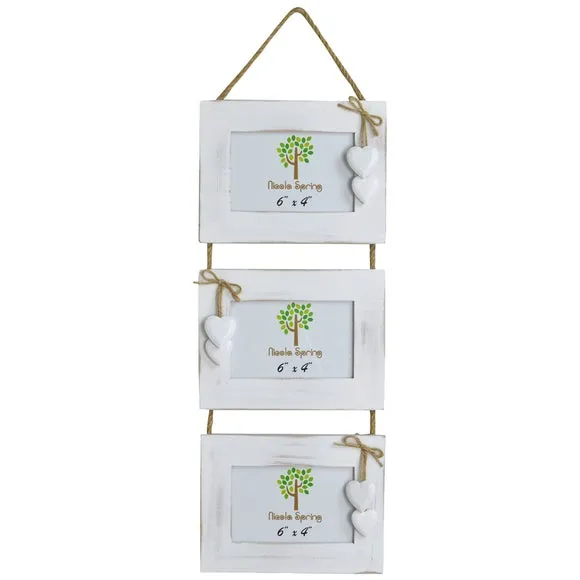 Triple Hanging Photo Frame with Hearts - White