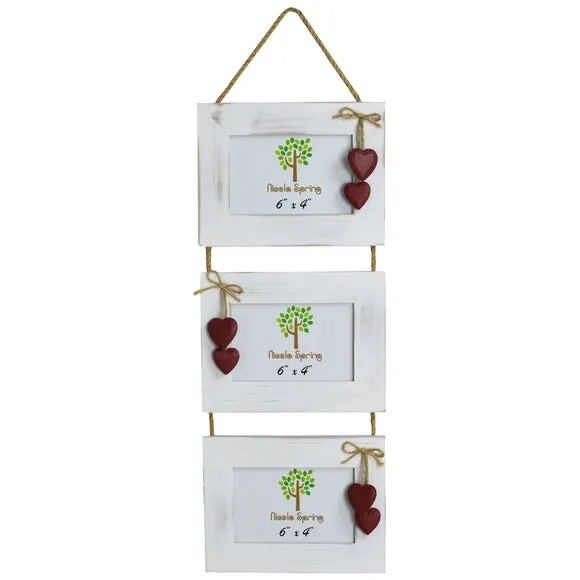Triple Hanging Photo Frame with Hearts - White