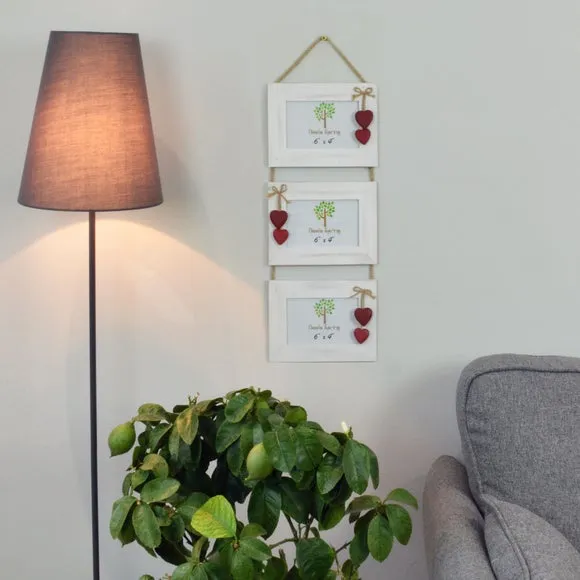 Triple Hanging Photo Frame with Hearts - White