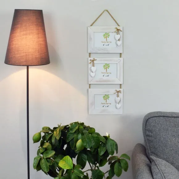 Triple Hanging Photo Frame with Hearts - White