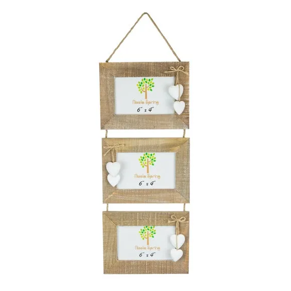 Triple Hanging Photo Frame with Hearts - Wood