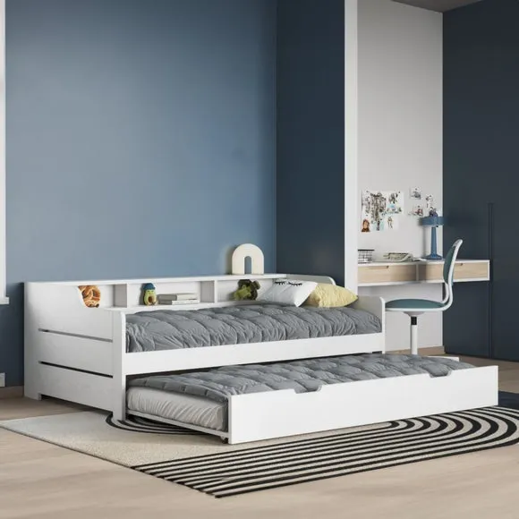 Single Day Bed with Trundle - White, Pine Wood