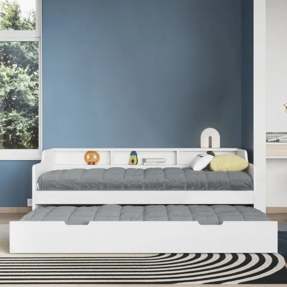 Single Day Bed with Trundle - White, Pine Wood