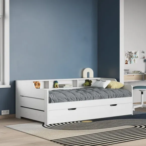 Single Day Bed with Trundle - White, Pine Wood image