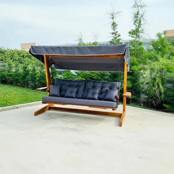 3-Seater Outdoor Swing with Canopy - Natural Wood