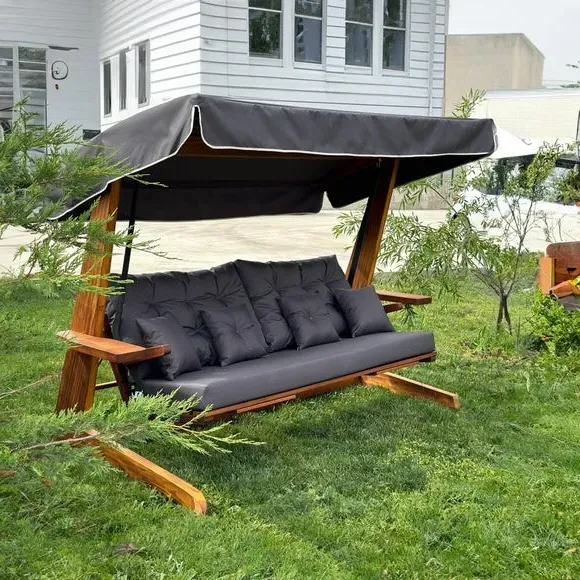 3-Seater Outdoor Swing with Canopy - Natural Wood
