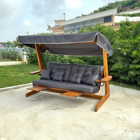 3-Seater Outdoor Swing with Canopy - Natural Wood