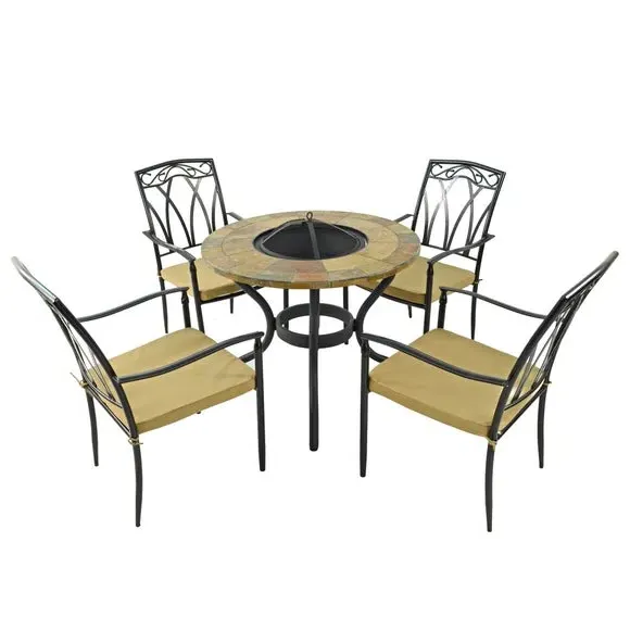 Firepit Table with 4 Chairs Set - Brown, Stone