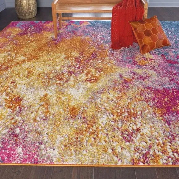 Floral Rug with Overdye Effect - Orange, Polypropylene