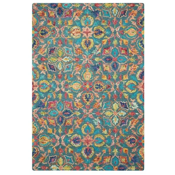 Geometric Rug with Loop Pile - Blue, Wool