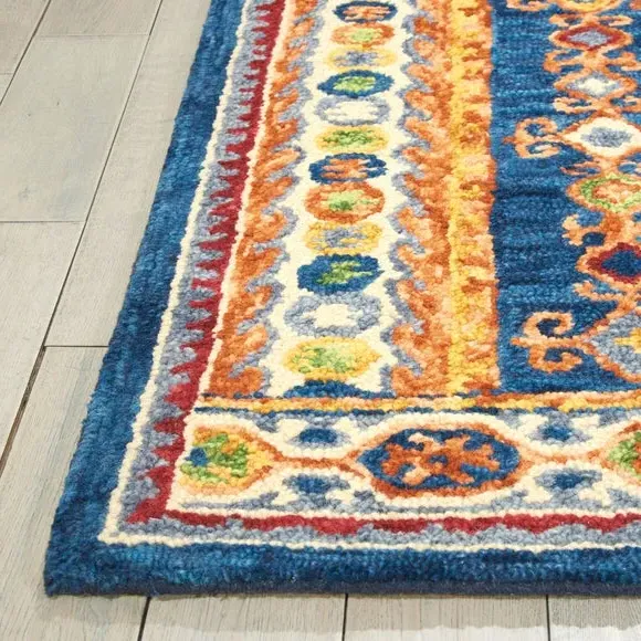 Geometric Rug with Loop Pile - Navy, Pure Wool