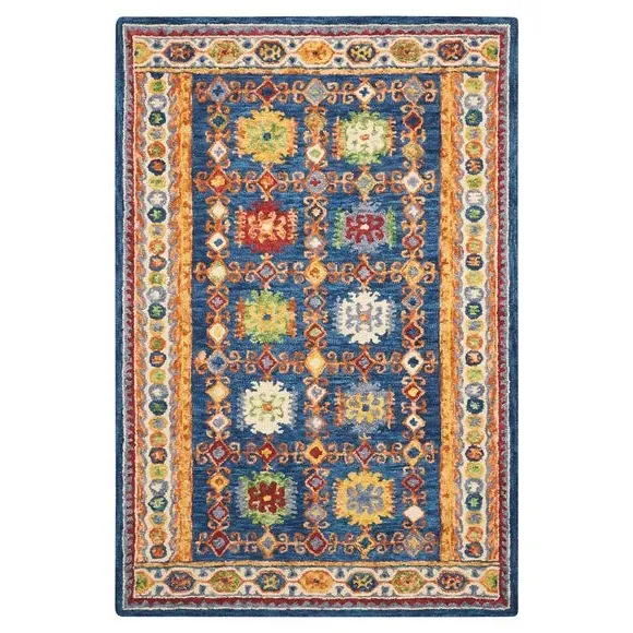Geometric Rug with Loop Pile - Navy, Pure Wool