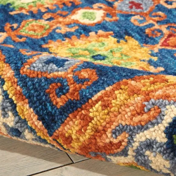 Geometric Rug with Loop Pile - Navy, Pure Wool