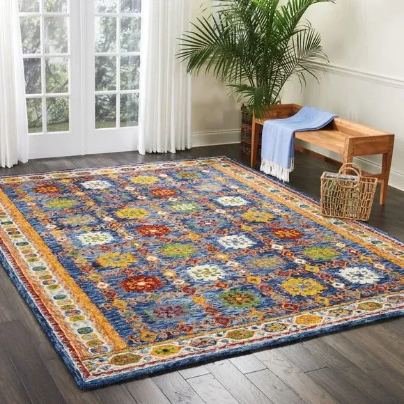 Geometric Rug with Loop Pile - Navy, Pure Wool image