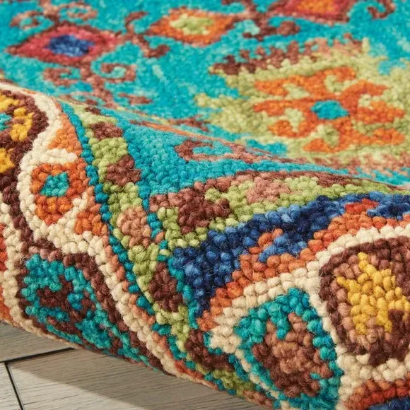 Geometric Rug with Loop Pile - Teal, Pure Wool