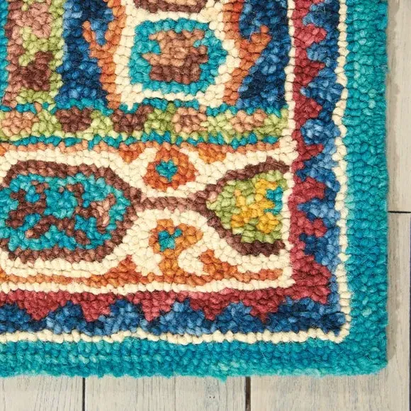Geometric Rug with Loop Pile - Teal, Pure Wool