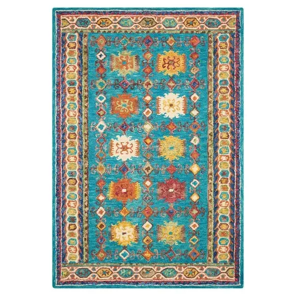 Geometric Rug with Loop Pile - Teal, Pure Wool