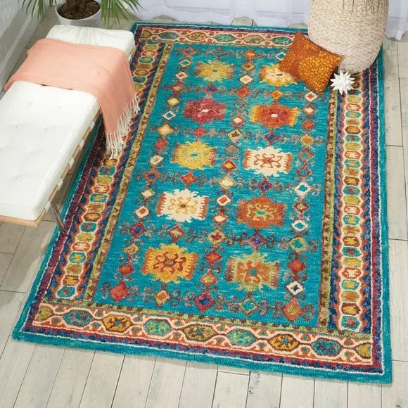 Geometric Rug with Loop Pile - Teal, Pure Wool