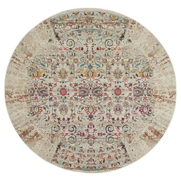 Round Area Rug Distressed - Ivory, Low Pile