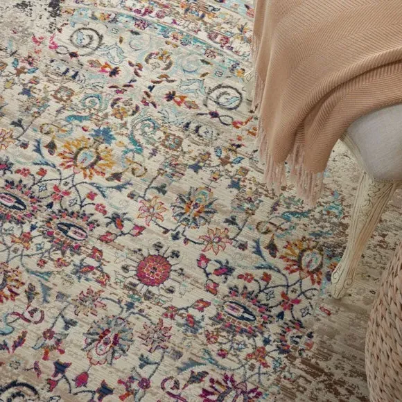 Round Area Rug Distressed - Ivory, Low Pile