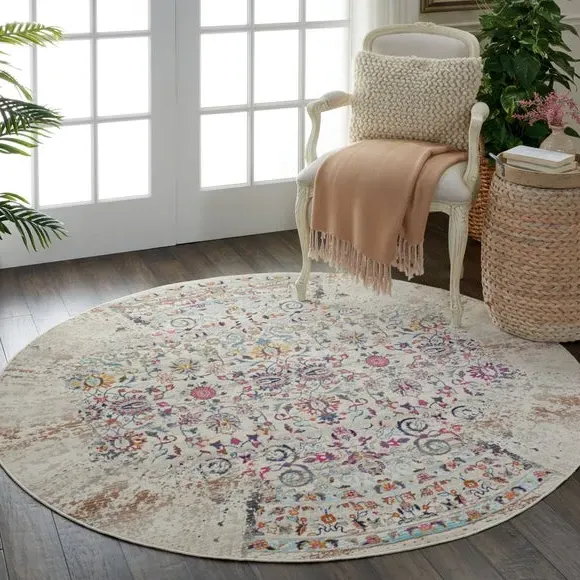 Round Area Rug Distressed - Ivory, Low Pile