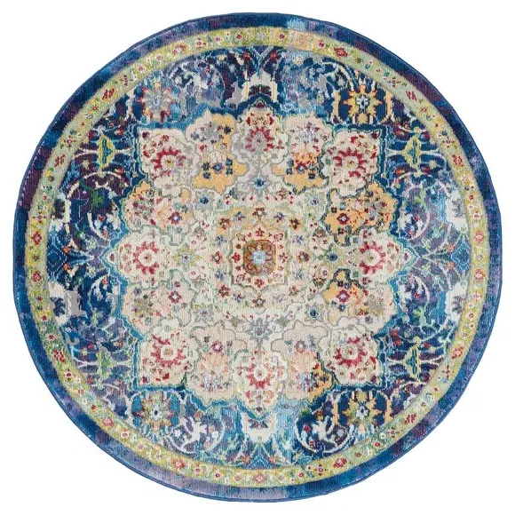 Round Area Rug with Carved Pile - Blue